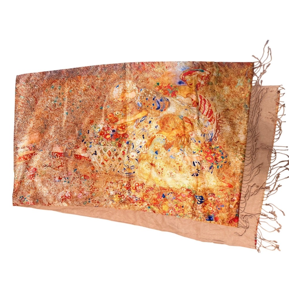100% Silk Impressionist Art Print Scarf Fringed Shawl Gold Floral Wrap